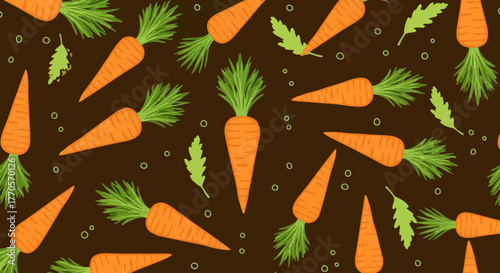 A vibrant, seamless pattern featuring fresh carrots with green tops scattered on a brown background, perfect for food-related designs