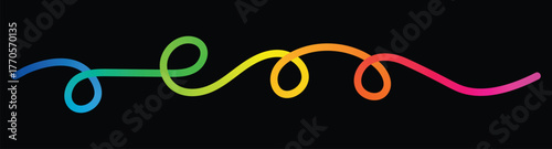 Rainbow gradient swirl line on black background. Abstract wavy ribbon forming smooth loops and curves with colorful 3D texture. Modern decorative pattern and vibrant gradient design element.