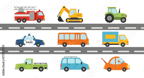 A vibrant collection of cartoon vehicles including emergency services, construction equipment, and passenger cars on a road backdrop