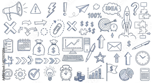 Collection of business and finance icons and symbols hand-drawn in a sketch style, perfect for presentations and infographics