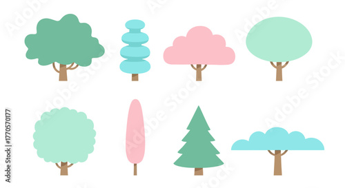 Collection of stylized cartoon trees in various shapes and pastel colors, perfect for illustration and design