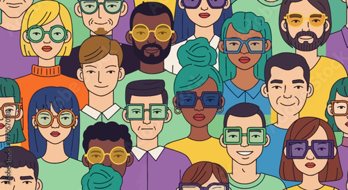 A diverse crowd of people wearing glasses in various colors and styles, representing individuality and community