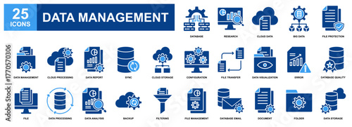 Data Management icon set collection. Containing design Big Data, File Protection, File Transfer, Data Report, Data Storage