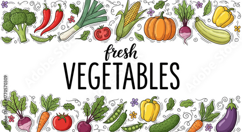 Vibrant collection of hand-drawn garden-fresh vegetables forming a colorful and decorative border, perfect for promoting healthy eating and organic produce themes