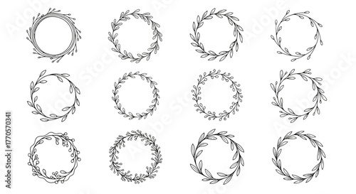 Hand-drawn botanical wreaths and floral frames. Elegant line art illustrations with various leaf and branch designs, ideal for invitations, cards, and graphic design