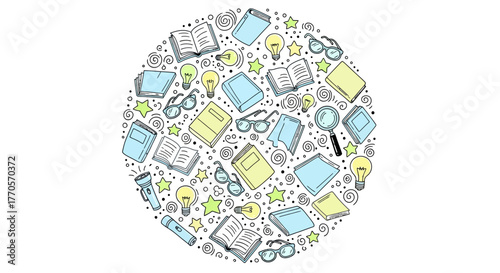 Circular graphic illustration of educational elements. Features books, light bulbs, and study tools in a vibrant design, symbolizing knowledge, learning, and academic inspiration
