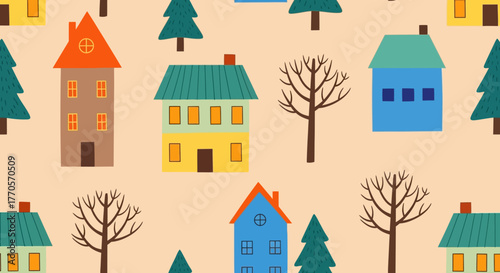 Whimsical Cityscape Seamless Pattern of Colorful Houses, Trees