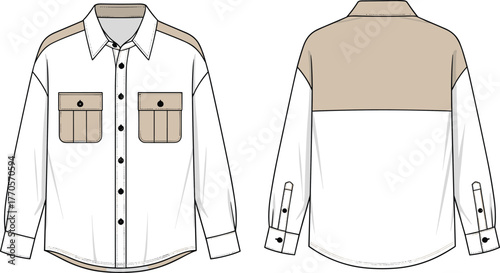 Long sleeve button up shirt, front and back view, technical fashion sketch, pleated pocket, flat vector, cad drawing illustration