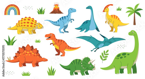 A vibrant and playful collection of diverse cartoon dinosaurs and prehistoric elements, featuring various species, volcano, palm trees, and a rainbow for children's designs
