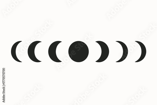 vector illustration in flat minimal style (silhouette, monochrome), consisting of 7 icons of the phases of the moon in classic sequence