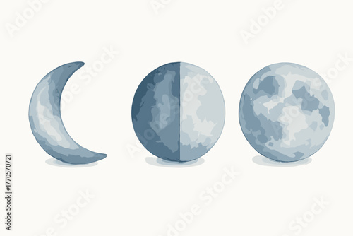 Three illustrations of the phases of the moon. Style: watercolor, soft blue-gray tones, minimalist, on a white background.