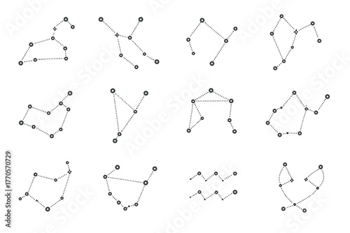 minimalist symbolic representations of the zodiac constellations, often used in astrological charts and illustrations.