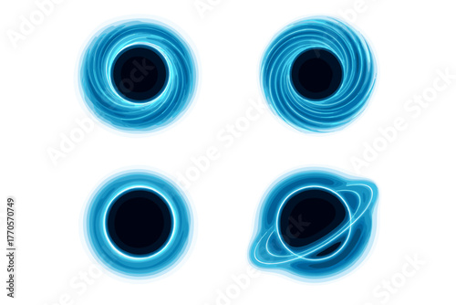 Vector illustration in sci-fi/cosmic glow style (black core + gradient blue accretion disk), consisting of 4 black hole icons.