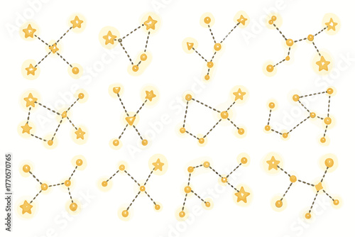 A set of 12 minimalist vector illustrations of constellations in golden yellow tones on a white background.