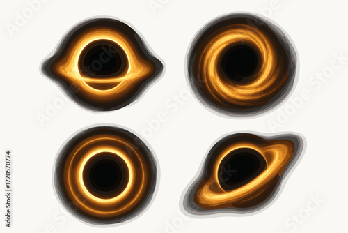 Vector illustration in sci-fi/cosmic glow style (black core + gradient golden-orange accretion disk), consisting of 4 black hole icons.
