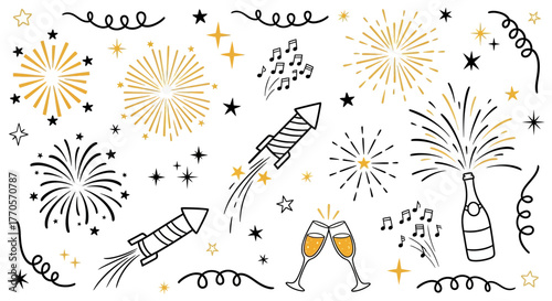 Celebratory Fireworks, Champagne, and Musical Notes - Perfect for Festive Occasions and Parties