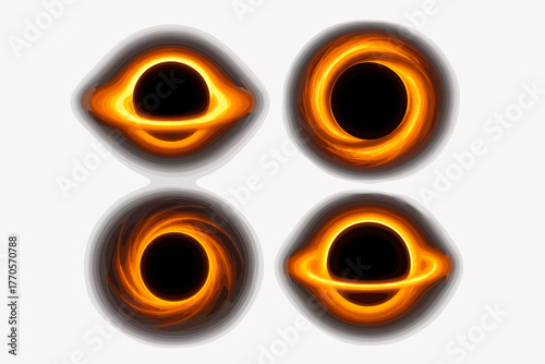 4 colorful stylized illustrations of a black hole with an orange-yellow accretion disk on a black background.