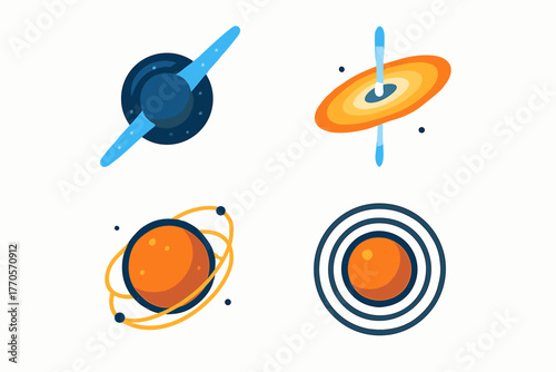 A set of illustrated space objects on a white background. All elements are stylized. A graphic image that can be used for scientific illustrations or space designs.