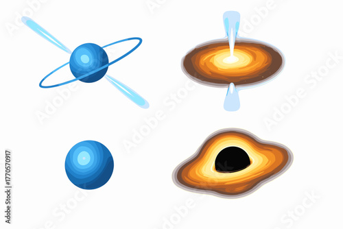 4 realistic 3D illustrations of space objects in a gradient blue and gold color scheme on a white background. Theme: cosmology, fundamental physics.