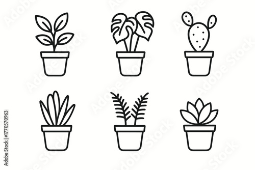 A set of 6 minimalist black and white line icons of indoor plants in pots. All plants are depicted in identical simple pots. The style is clean and outlined, without fill, on a white background.