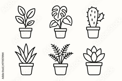 A set of 6 minimalist black and white line icons of indoor plants in pots. All plants are depicted in identical simple pots. The style is clean and outlined, without fill, on a white background.