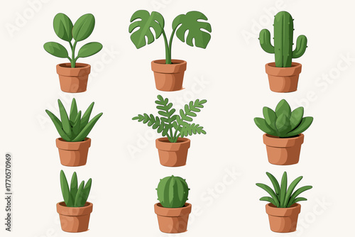 A set of illustrated indoor plants in pots on a white background.