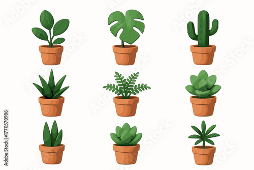A set of illustrated indoor plants in pots on a white background.