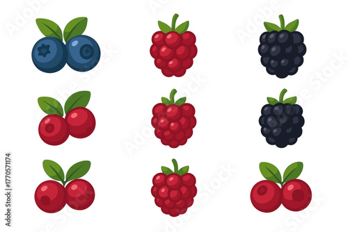 9 cartoon illustrations of berries in a bright flat style with green leaves. Theme: forest and garden berries.