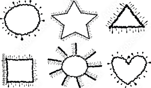 Hand Drawn Ink Frame Shapes Set – Black Sketch Doodle Outlines of Circle, Star, Triangle, Square, Heart, and Sunburst, Grunge Abstract Border Design Elements for Creative Artwork 