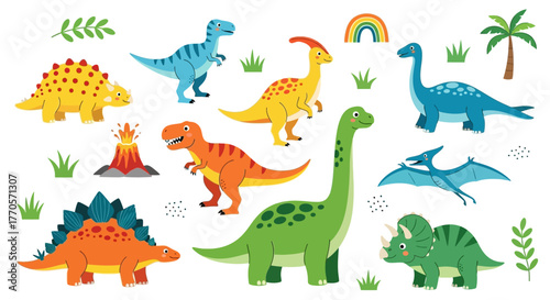 A Colorful Collection of Various Cartoon Dinosaurs Including a Stegosaurus, Triceratops, Brontosaurus, and Pterodactyl in a Whimsical Landscape