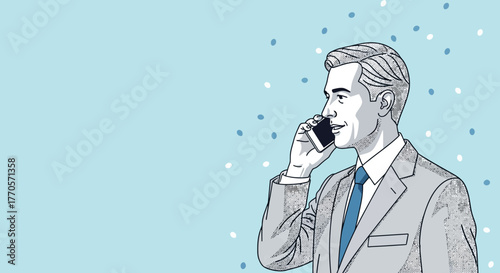 Business professional talking on a mobile phone while wearing a suit and tie against a light blue background with subtle confetti