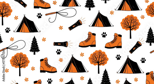 Camping Adventure Seamless Pattern with Tents, Boots, and Nature Elements for Designs and Backgrounds