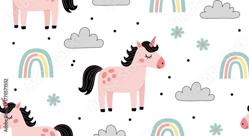 Whimsical seamless pattern with pink unicorns, colorful rainbows, and fluffy clouds. Ideal for children's fabric, nursery decor, magical posters, and creative backgrounds
