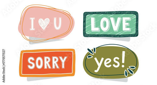 Colorful Speech Bubbles with Love, Sorry, and Yes! Messages for Design and Communication