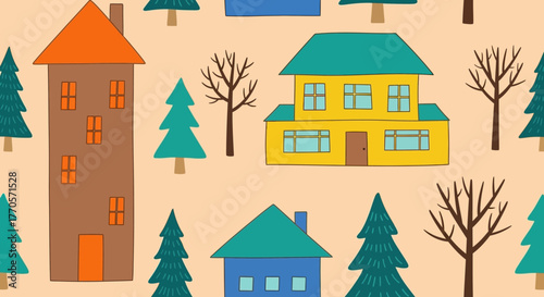 Hand-drawn seamless pattern of a cozy town with colorful houses and trees. A whimsical village background vector illustration for poster design