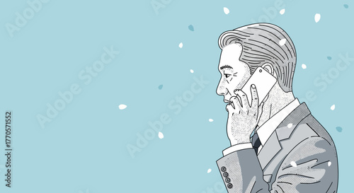Serene Business Call Man on Phone in Gentle Snowfall, Illustration