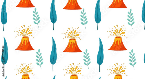 Seamless Pattern Featuring a Stylized Volcano Erupting with Lava and Surrounding Tropical Leaves on a White Background
