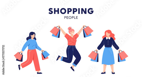 Vibrant vector illustration of three happy women, energetically engaged in a successful shopping spree, joyfully carrying numerous retail bags, reflecting a delightful consumer lifestyle