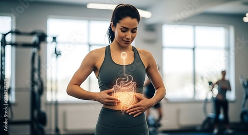 Active woman in a gym touching her stomach with glowing digestive organs illustration. Concept of metabolism support, gut health, fitness, and healthy lifestyle.