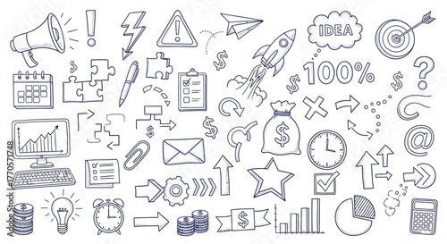 Business strategy and planning concept with various icons representing finance, success, and innovation