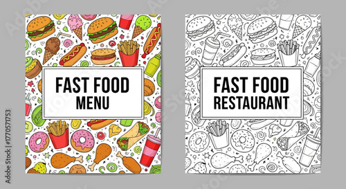 Collection of savory and sweet quick meal illustrations, perfect for restaurant menu backdrops and promotional signage, featuring both vibrant and monochrome styles