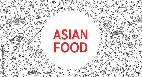 Hand-drawn vector background with a doodle pattern of various Asian food icons, perfect for a culinary banner or restaurant menu poster
