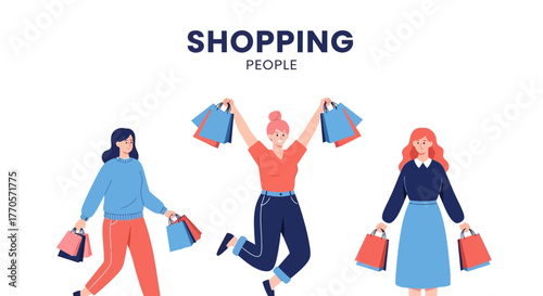 Joyful diverse women celebrating a successful shopping spree with many bags, embodying consumer happiness and modern retail experiences in a flat vector illustration