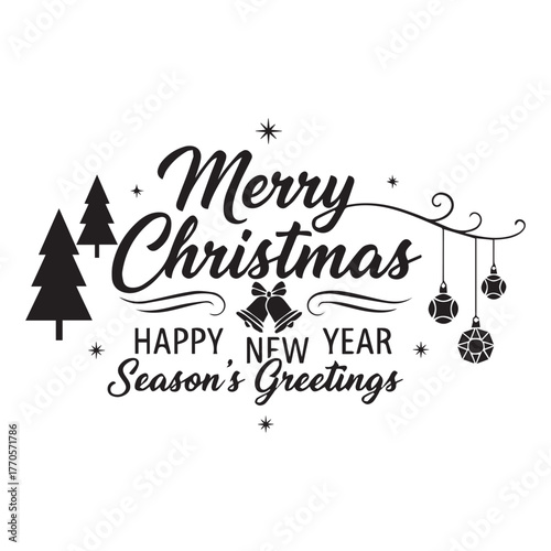 Merry christmas happy new year season s greetings festive design with trees and ornaments