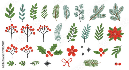 Festive Botanical Elements for Holiday Designs Berries, Leaves, and Festive Florals