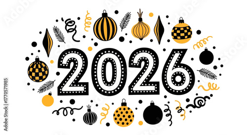 Stylish 2026 New Year Holiday Graphic Featuring Decorative Baubles, Ribbons, and Gold Accents for Celebratory Banners and Greetings