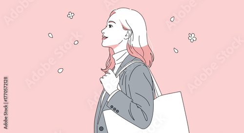 Young Woman Smiling and Holding a Bag with Cherry Blossom Petals Falling in the Air