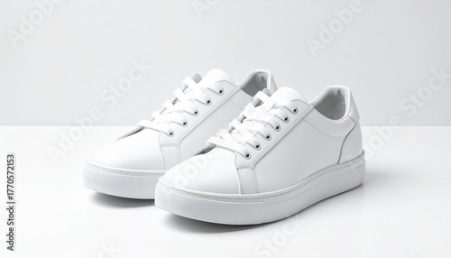 Stylish White Sneakers with Laces Plain Background