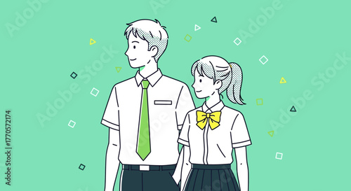 Illustration of a Young Man and Woman in School Uniforms Smiling on a Green Background