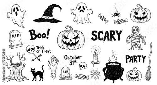 Spooky Halloween Elements Hand Drawn Vector Illustration